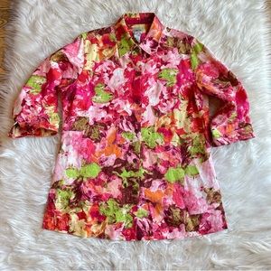 CHICO’S Blazer Jacket 100% Linen Multicolor Floral Collared Button Up Lagenlook